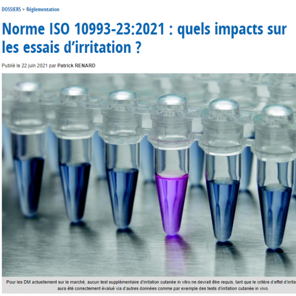 Essais d’irritation (ISO 10993-23:2021) : un article détaillé publié dans DeviceMed